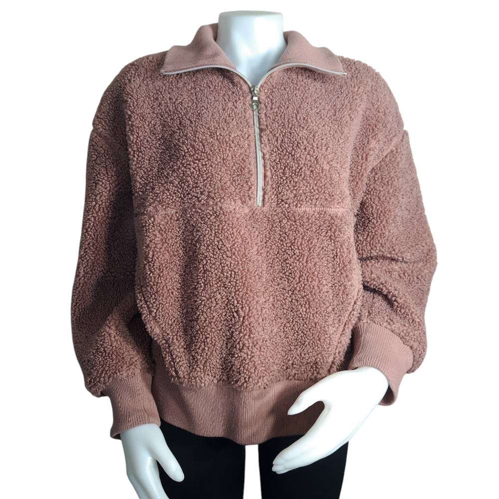 Joy Lab Women Oversized Fleece Jacket M Pullover Half Zipper Mock Neck Old Pink - Picture 3 of 16